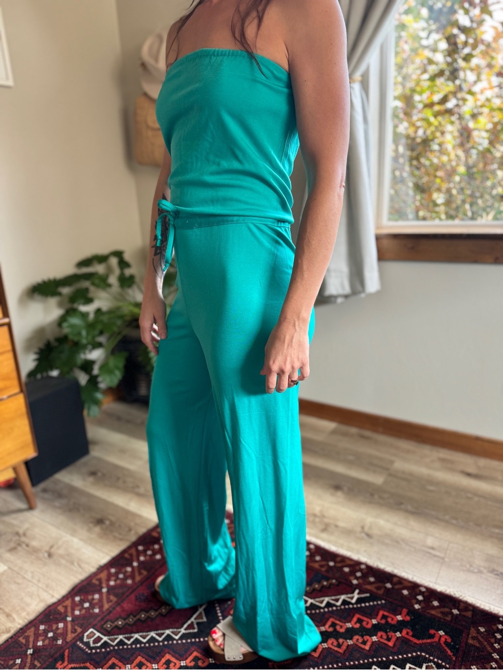 Vintage 70s Teal Strapless Jumpsuit Antron Nylon Sz S